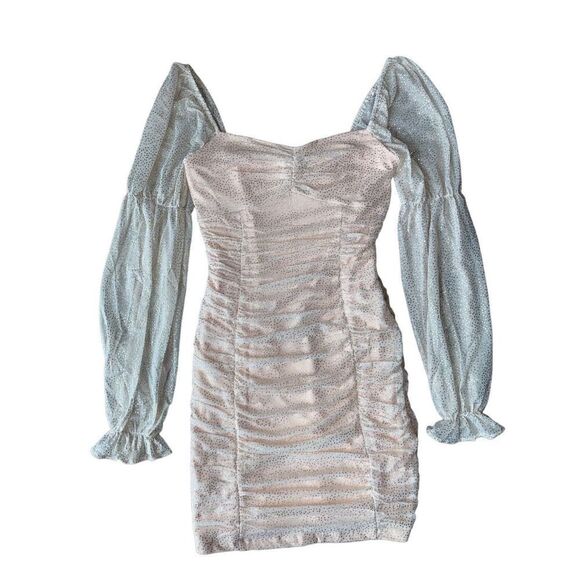 BCBGENERATION Metallic Dot Long Sleeve Ruched Dress in Color Champagne - Picture 7 of 14